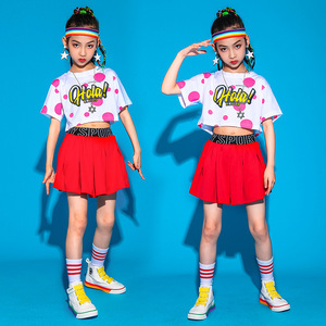 Girls kids red polka dot hiphop singers rapper Jazz dance costumes for children girls catwalk practise dancing costumes hip-hop dance suit 