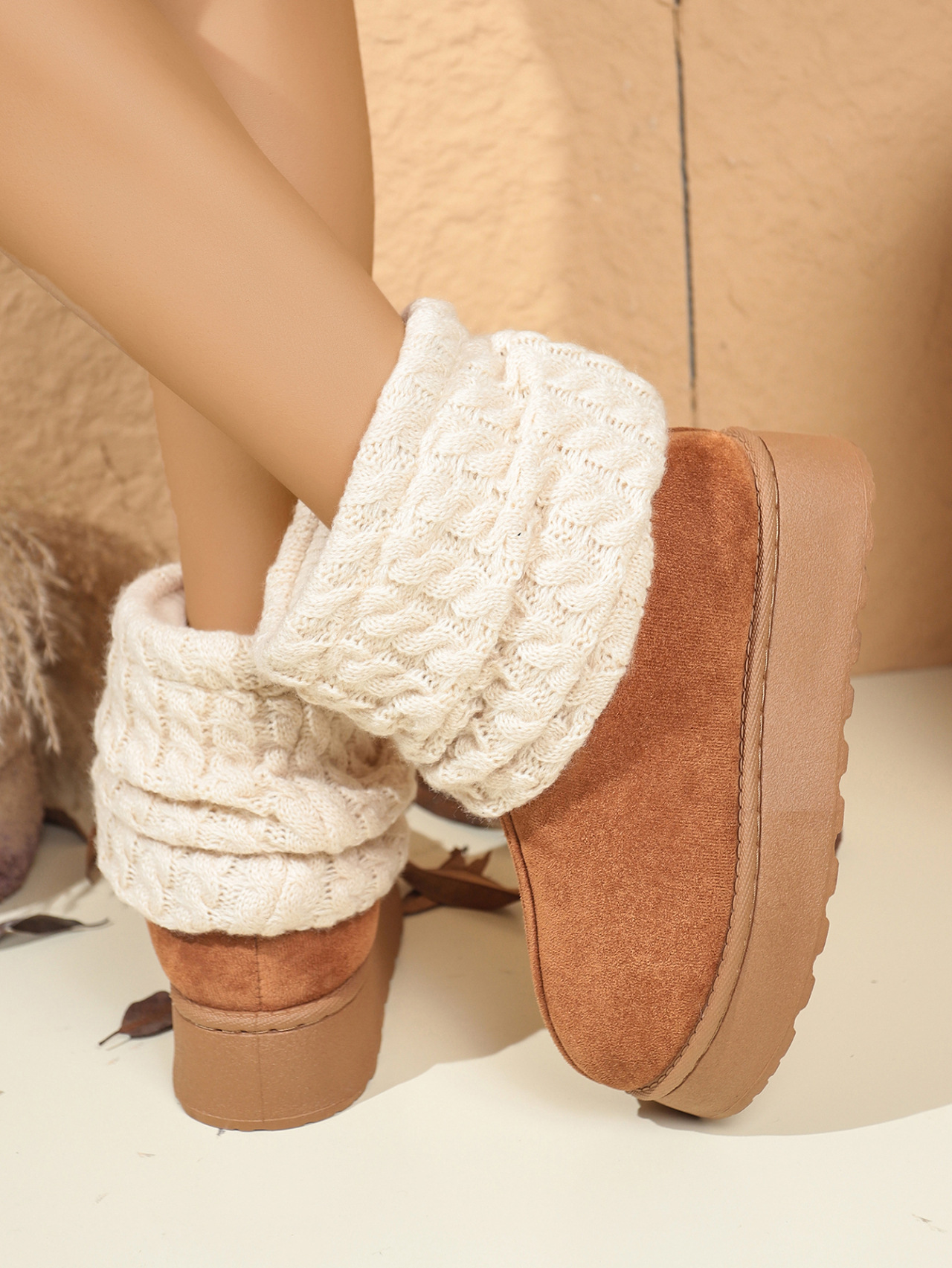 Women's Winter Thick Soled Knitted Snow Boots Fleece Lined Warm Slip On Plus Size Cotton Shoes_vogvips.com