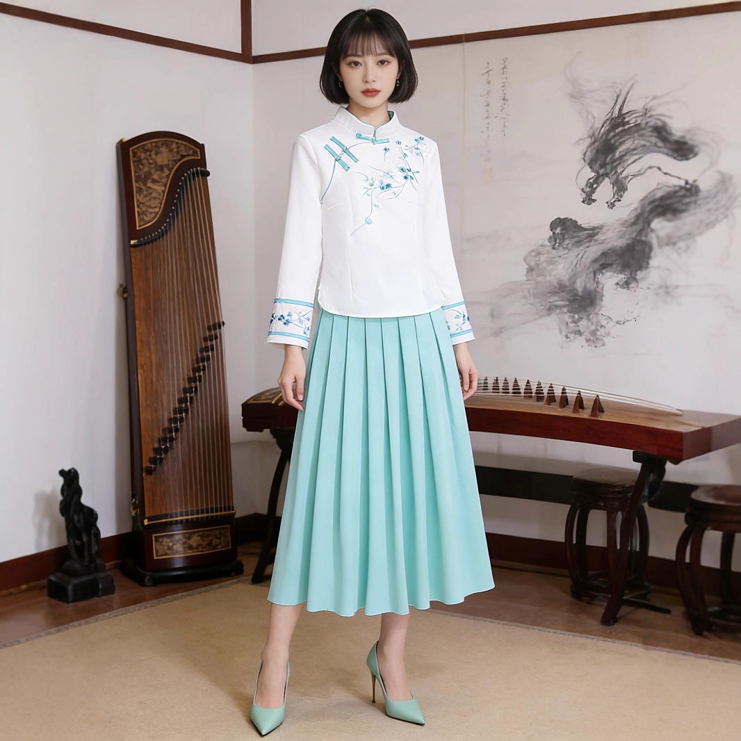 Chinese Style Spring Tang Suit Two-Piece Set: Top, Skirt, and Wide-Leg Pants