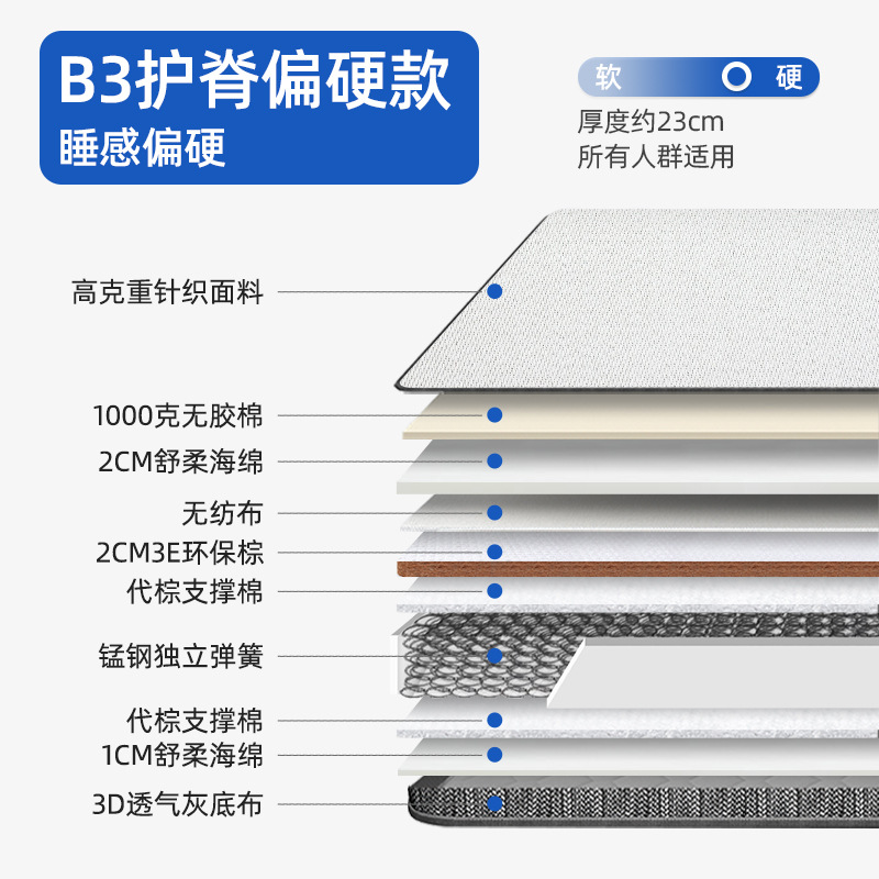 B3 고급 척추보호 및 경질모델(노인, 어린이) [진드기방지원단+망간강 독립스프링, 두께 23cm]