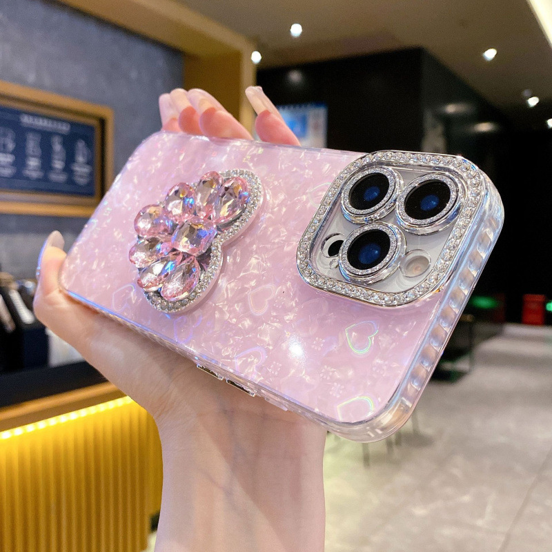 Shell Pattern Iphone17Promax Laser Small Heart 16Promax15Pro Heart Rhinestone Stand 14Pro