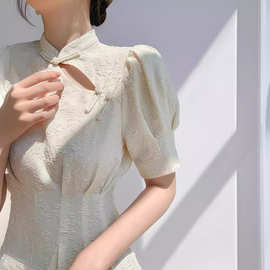 复古改良白色旗袍女装夏季2024新款中式连衣裙短袖气质中长款裙子