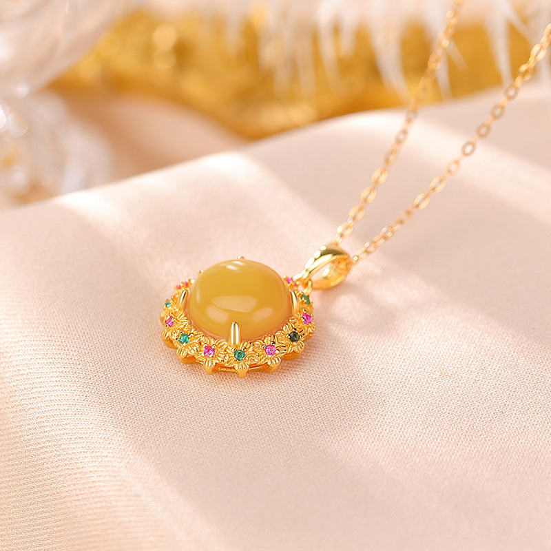 Mặt dây chuyền bạc S925 mạ vàng hình hoa tròn dát sáp ong phong cách cung điện — Mặt dây chuyền đơn (không có dây chuyền)
