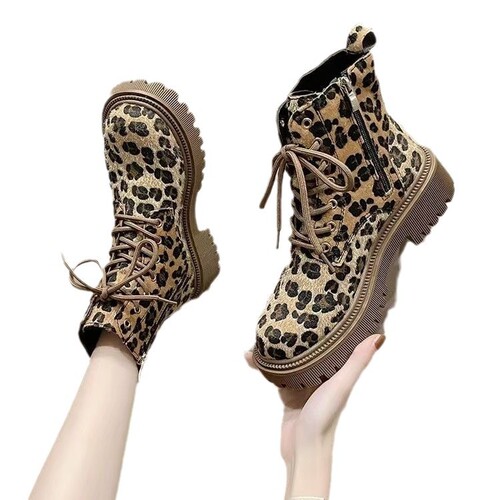 Winter New Short Boots French-English Style Leopard Print Martin Boots Women Retro Fleece Lined Warm High-Top Motorcycles Boots
