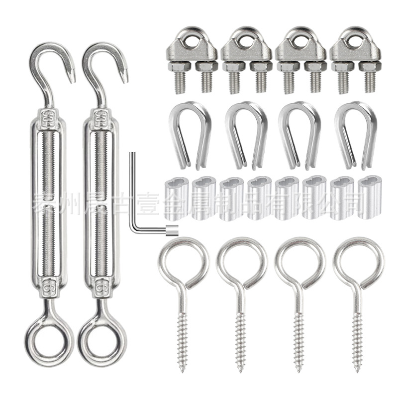 304不锈钢钢丝绳张紧器套件电缆夹头花篮螺丝M6鸡心环8字铝套固定