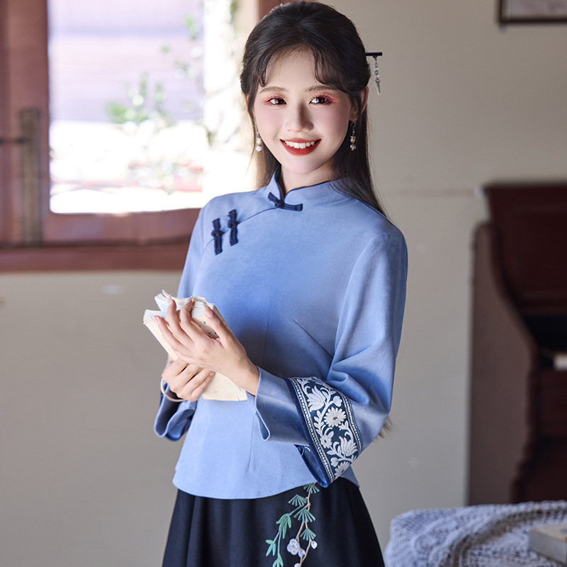 新中式民国套装少女年轻款气质国风旗袍上衣半身裙两件套秋冬茶服|undefined