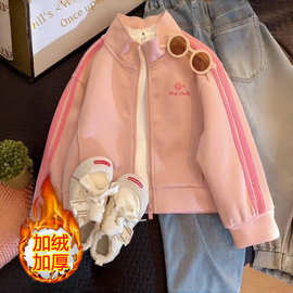 复合羊驼绒  秋冬儿童外套网红时髦运动风休闲拼色女童棒球开衫潮