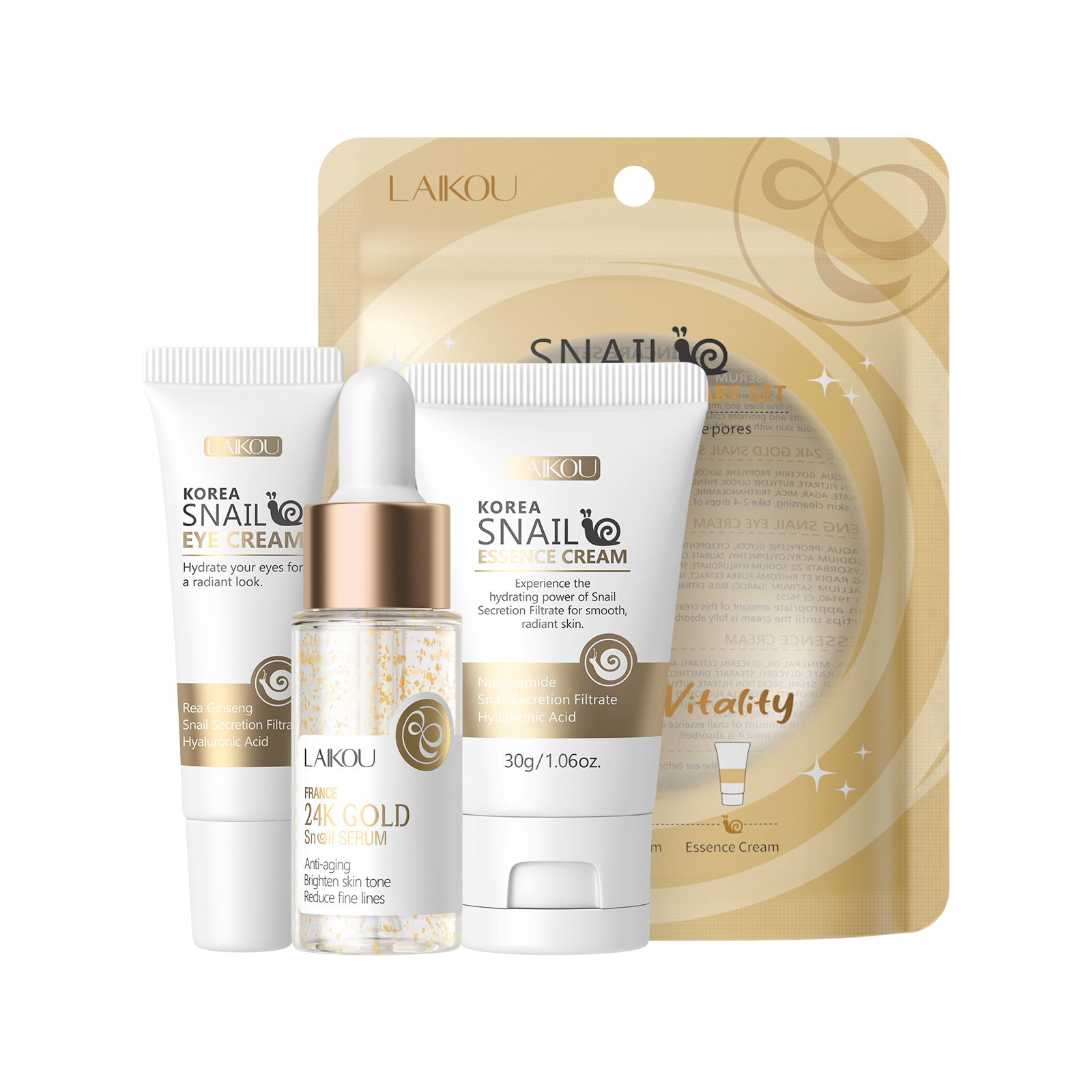 Laikou Laicom Caracol brighing cuidado de la piel traje de 3 piezas limpiador facial crema de ojos limpiador facial fabricante en stock