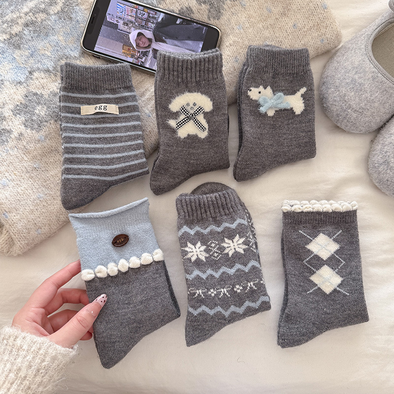 wool socks women‘s bow tube socks korean style egg cloth label button bunching socks cartoon puppy gray socks