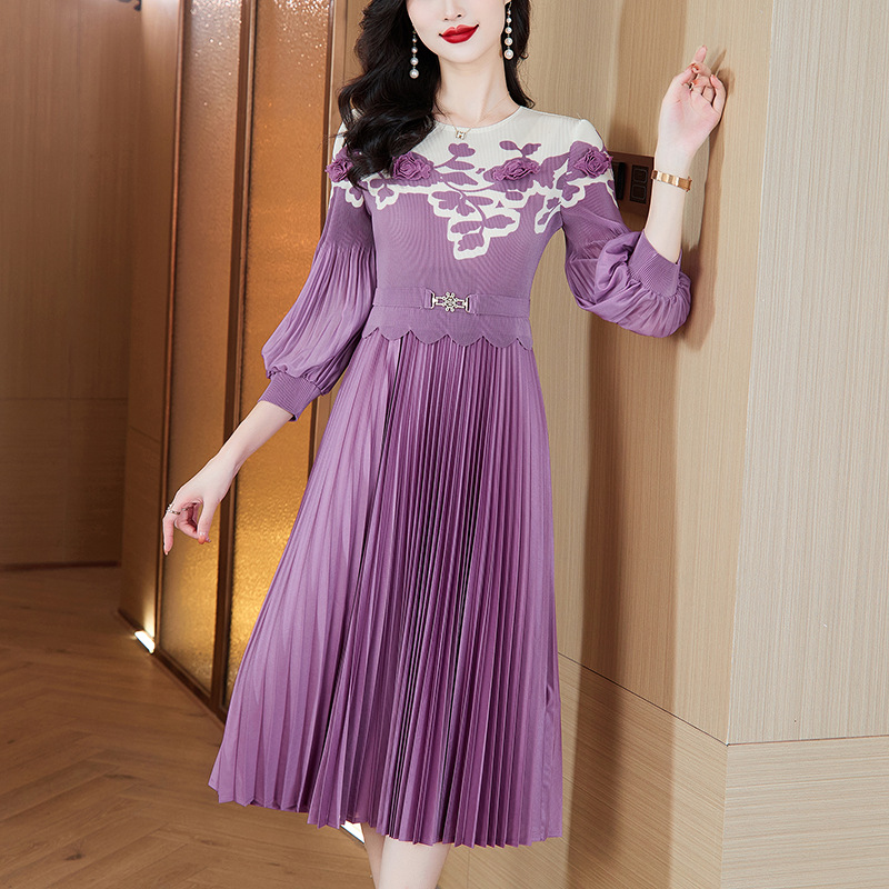 European Style Autumn Fashion Pleated Round-Neck Patchwork Slim-Fit Slimming Dress Mid-Length Pleated Skirt_ecoleips.com