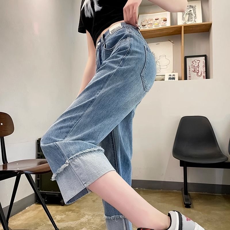 七分牛仔裤女2025年夏薄款高腰显瘦松紧腰卷边直筒牛仔裤女小个子