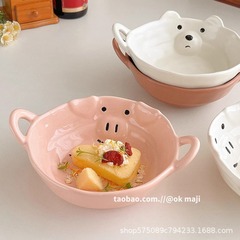 Ok maji韓国insかわいいコブタの泡麺ボウル朝食シリアルヨーグルトボウルセラミック食器家庭用双耳ボウル