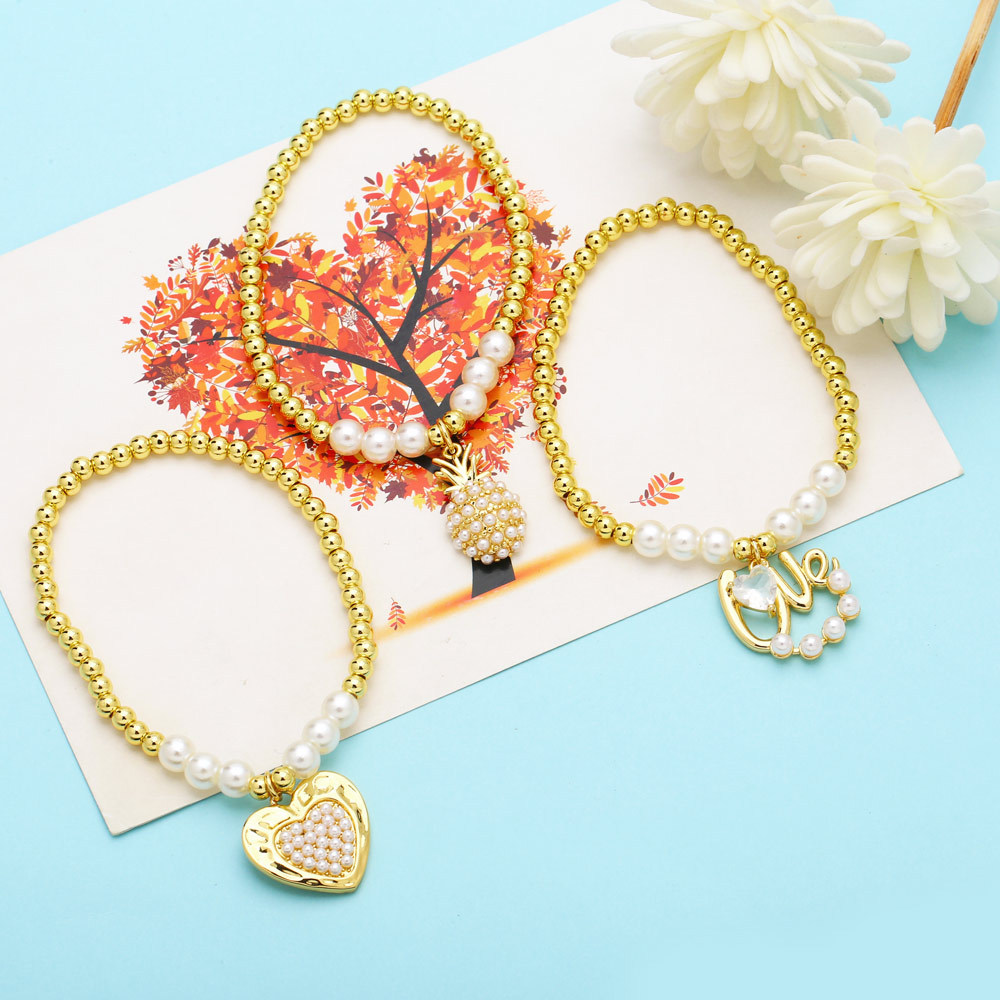 Fashion Heart Shape Flower Copper Beaded Plating Inlay Pearl Zircon Bracelets 1 Piece