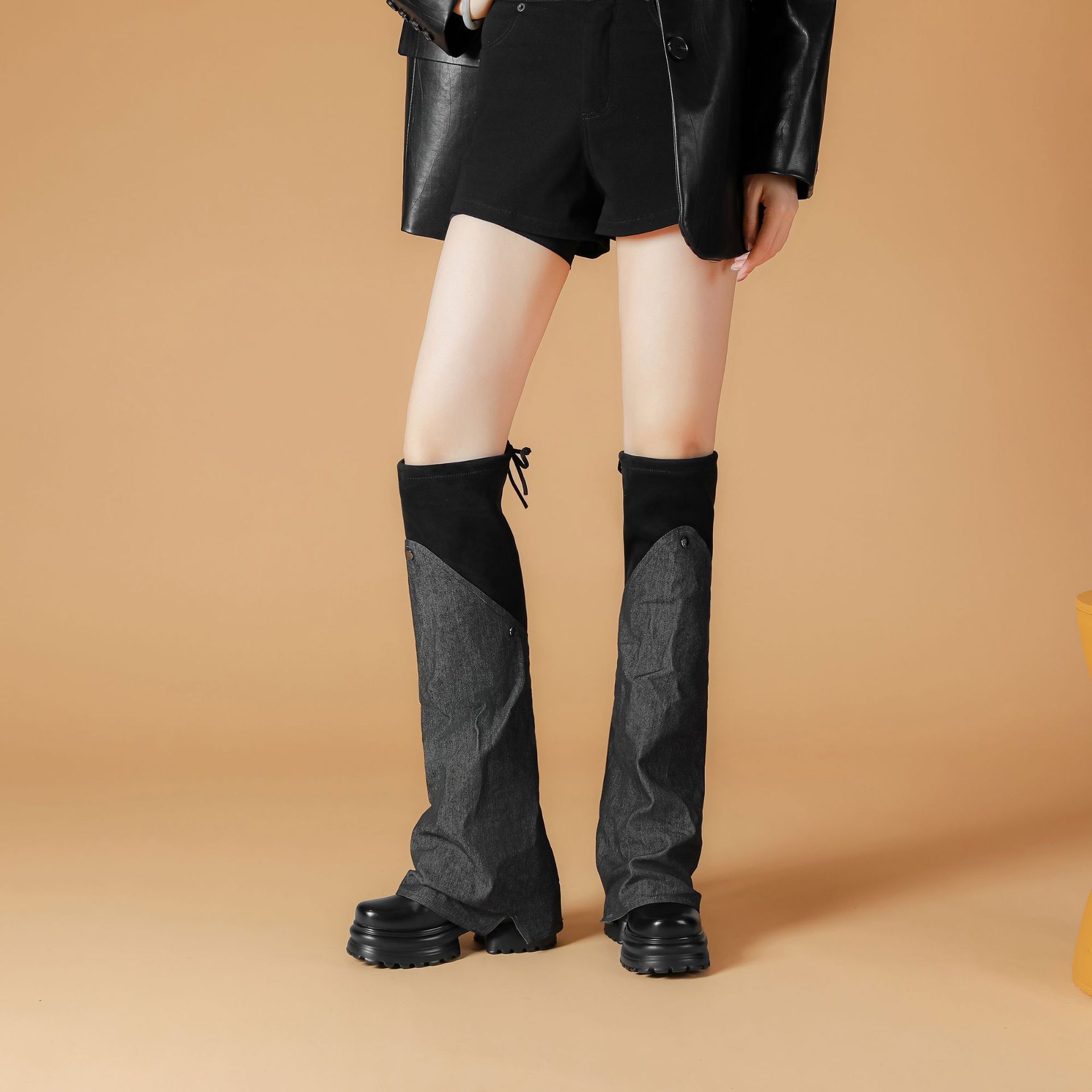 Boot nữ cổ cao ôm bắp chân chất jean phong cách miền Tây, gót 10 cm — Nhung đen jean chi tiết 7