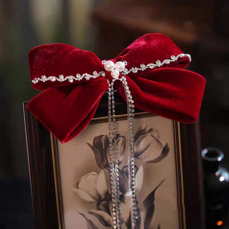 Velvet rojo gran abrazadera de cabello de arco de novia brindis de boda toque de cabeza conjunto de pendientes de compromiso de mujer temperamento de cabello