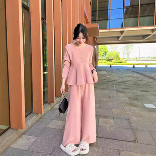 New Autumn and Winter Suit, Fashionable Lady Style, High-End, Soft and Waxy Pure Color Knitted Wide-Leg Pants and Sweater Two-Piece Set
