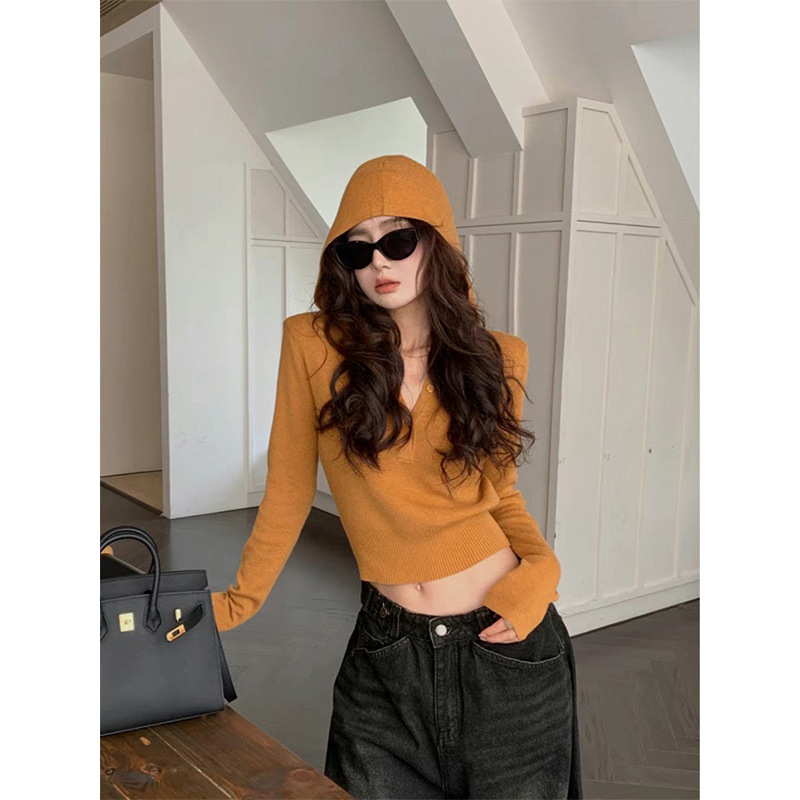 American Style Hot Girl Orange Hooded Knitwear Women's Autumn Design Sense Slim-fit Waisted Long-sleeved Sweater with Short Top