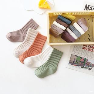 Children's Socks Autumn and Winter New Solid Color Trendy Socks Japanese Style Double Needle Baby Mid-Tube Socks Combed Cotton Five Pairs Student Socks
