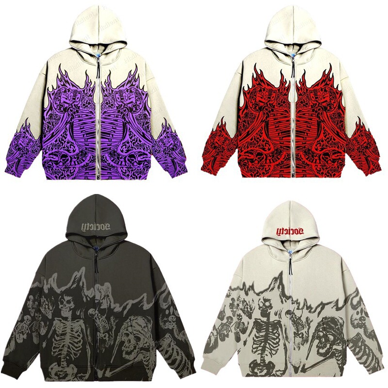 2025 New Cross Border Men's Street Clothing Retro Skull Zipper Hoodie Sweatshirt Gothic Top