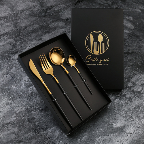 V stainless steel tableware, Portuguese cutlery, fork and spoon four-piece set, golden knife and fork, Western tableware set, gift gift