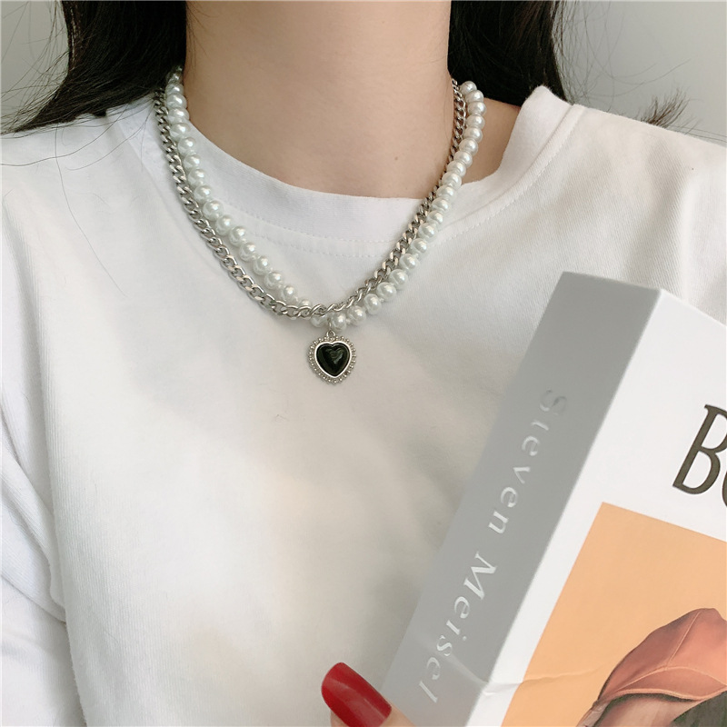 fashion new style Double Titanium Steel Pearl Necklace