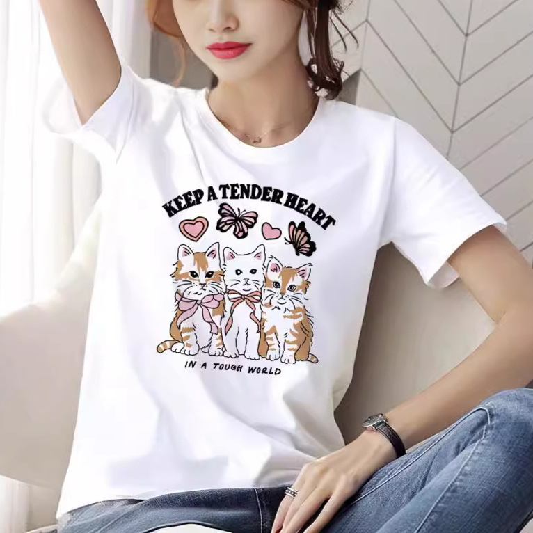 2024 Summer Korean Style New Top Cotton T-shirt Women's Round Neck Shoulder Inner Wearing Outer Wearing Printed Slim Base Shirt 2024 Summer Korean Style New Top Cotton T-shirt Women's Round Neck Shoulder Inner Wearing Outer Wearing Printed Slim Base Shirt