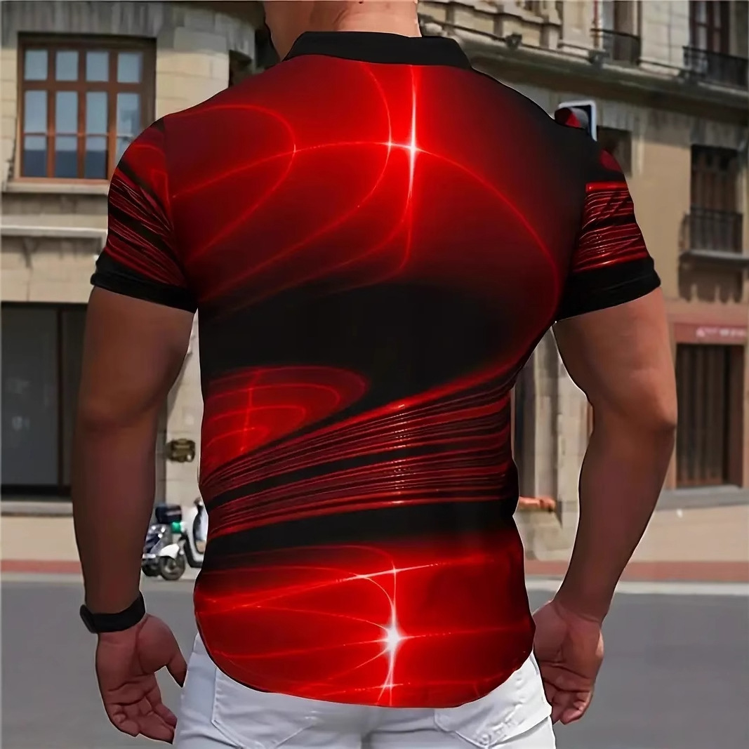 Clásico negro y rojo color degradado halo estampado 3D hombre negocio suelto ojo tela transpirable manga corta cremallera camisa POLO