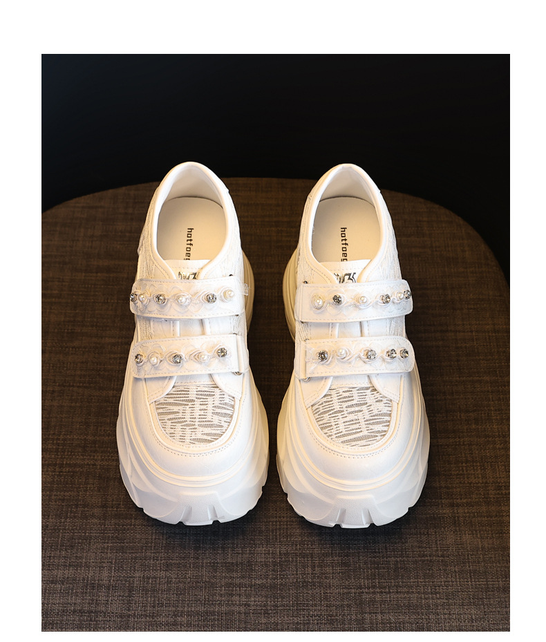 Giày sneaker nữ đế dày chunky, mặt lưới thoáng khí, gắn đá, dán Velcro — Màu trắng chi tiết 22