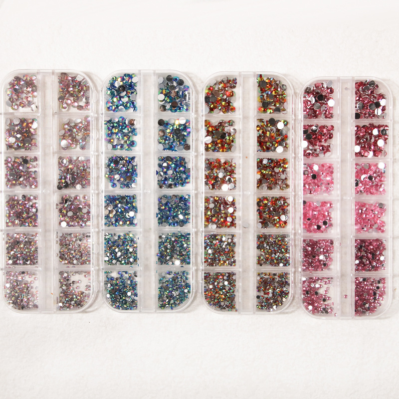 Joyería de uñas 12 rejilla acrílico rhinestone AB blanco grande rojo tamaño mezclado diamante plano taladro del clavo del color