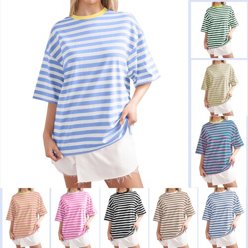Western and Eastern Women's Summer Simple Home Casual Striped Print Crew Neck Five-Button T-Shirt