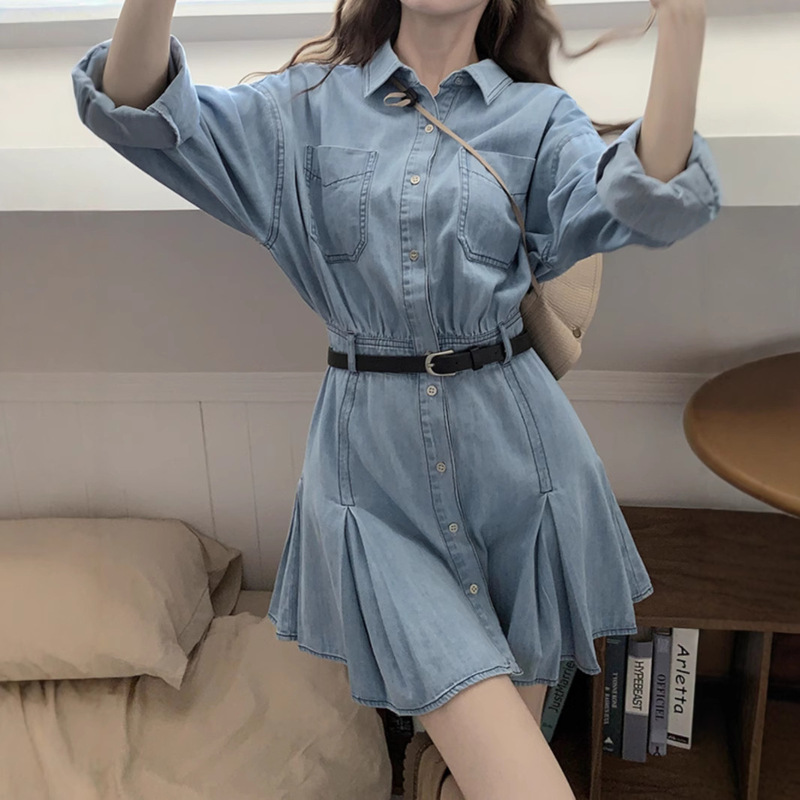 Age-reducing Elegant Denim Shirt dress Women's Autumn and Winter New plus size Waist Slimming Shirt Pleated Skirt Short Skirt Age-reducing Elegant Denim Shirt dress Women's Autumn and Winter New plus size Waist Slimming Shirt Pleated Skirt Short Skirt