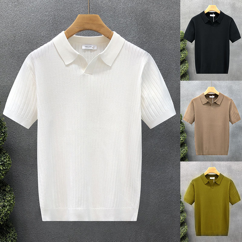 Herren-Poloshirt, gestreift, aus Eisseide, gestrickt, Kurzarm, Umlegekragen, V-Ausschnitt, Möwenkragen, klassischer Stil, atmungsaktiv_voghion.com
