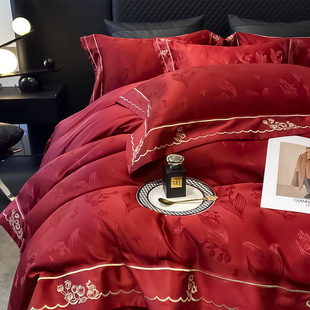 2025 New Chinese Style Big Red Wedding Four-Piece Set High-End Jacquard Wedding Dowry New House Fitted Bed Sheets Bedding