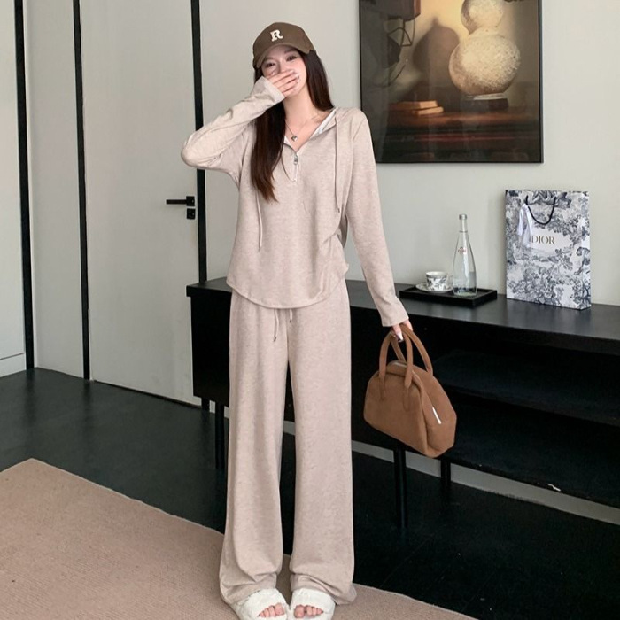 休闲运动服套装女秋新款慵懒风宽松显瘦连帽卫衣时尚阔腿裤两件套|undefined