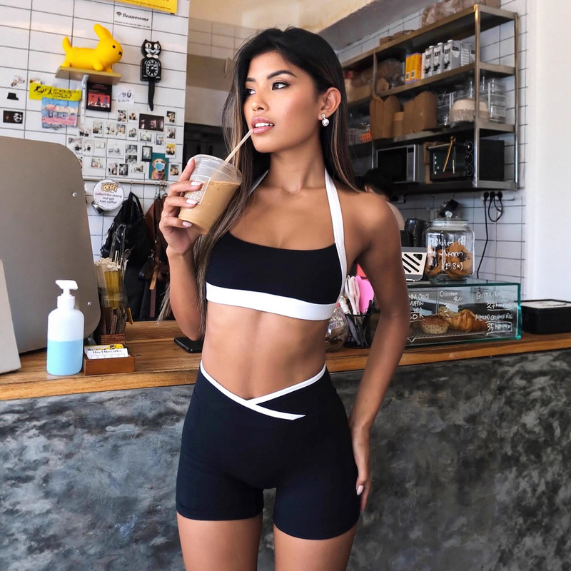 European and American Trendy Color-Blocked Short Halterneck Vest V-Neck Navel-Baring Waist Shorts Slim Yoga Sports and Leisure Suit