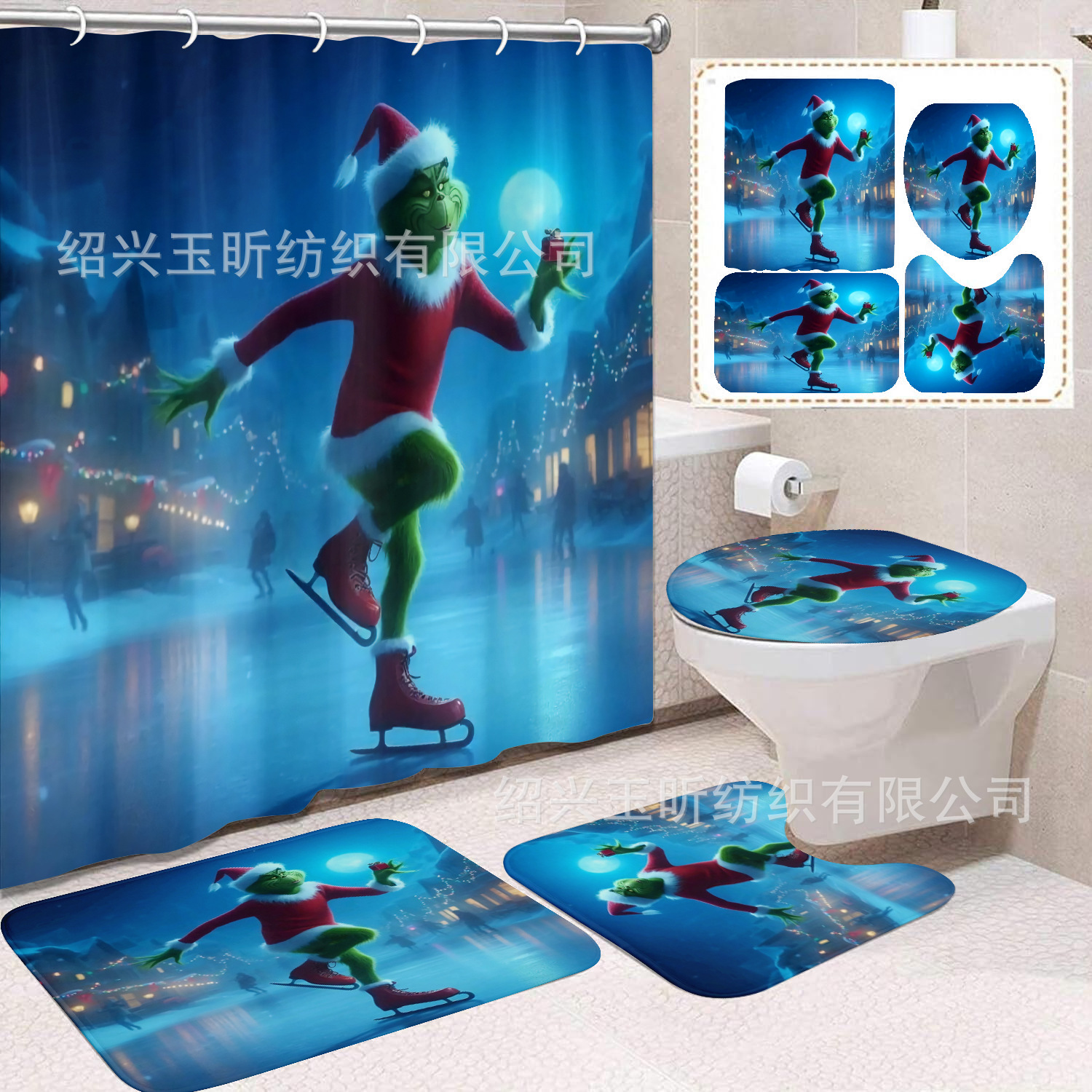 Tela de cortina de ducha transfronteriza, cortina de ducha impermeable, alfombra antideslizante de baño, juego de Grinch 4 de pelo verde al por mayor, sin perforación