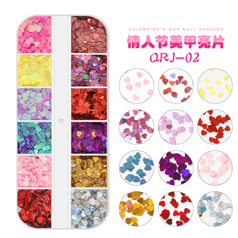Transfronterizo nuevo día de San Valentín lentejuelas de uñas 12-rejilla caja larga corazón labio letras lentejuelas de uñas Decoración