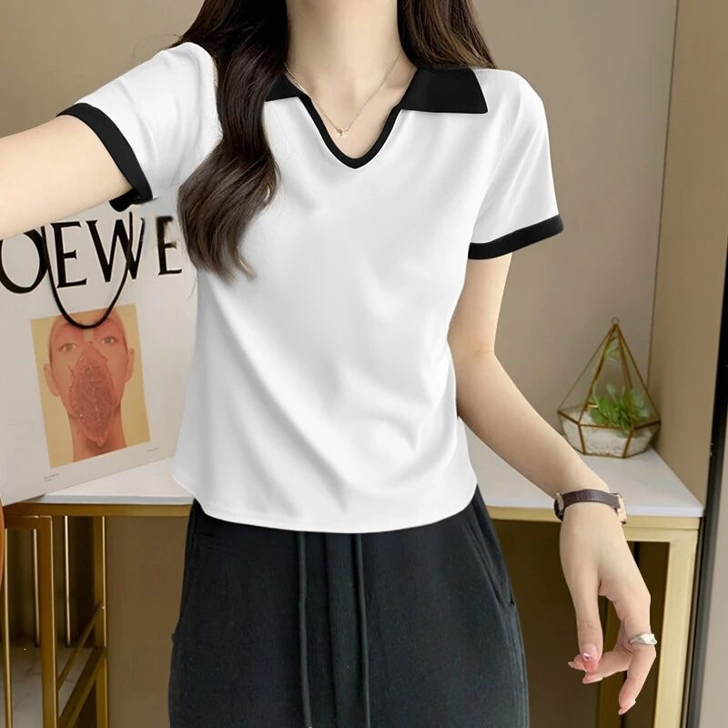 Cotton Regular Shoulder Polo Shirt, Waist-Cinching Short-Sleeve T-Shirt for Women, New Summer Japanese College Style, Slim Fit, Slimming Effect, Turn-Down Collar Top Cotton Regular Shoulder Polo Shirt, Waist-Cinching Short-Sleeve T-Shirt for Women, New Summer Japanese College Style, Slim Fit, Slimming Effect, Turn-Down Collar Top