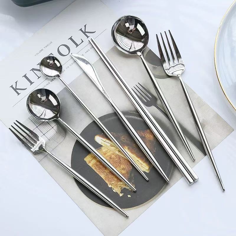 European Style Portuguese Gold Western Steak Knife Fork Spoon Three-Piece Set 304 Stainless Steel Household Cutlery_voghion.com