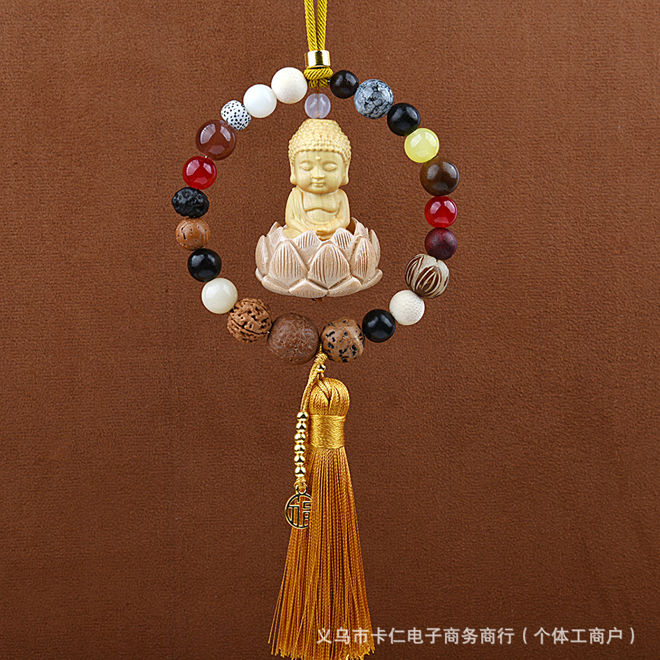 Bodhi Peach Wood — Mu Ding Yao Car hanging - 18-beads-small-buddha-gold
