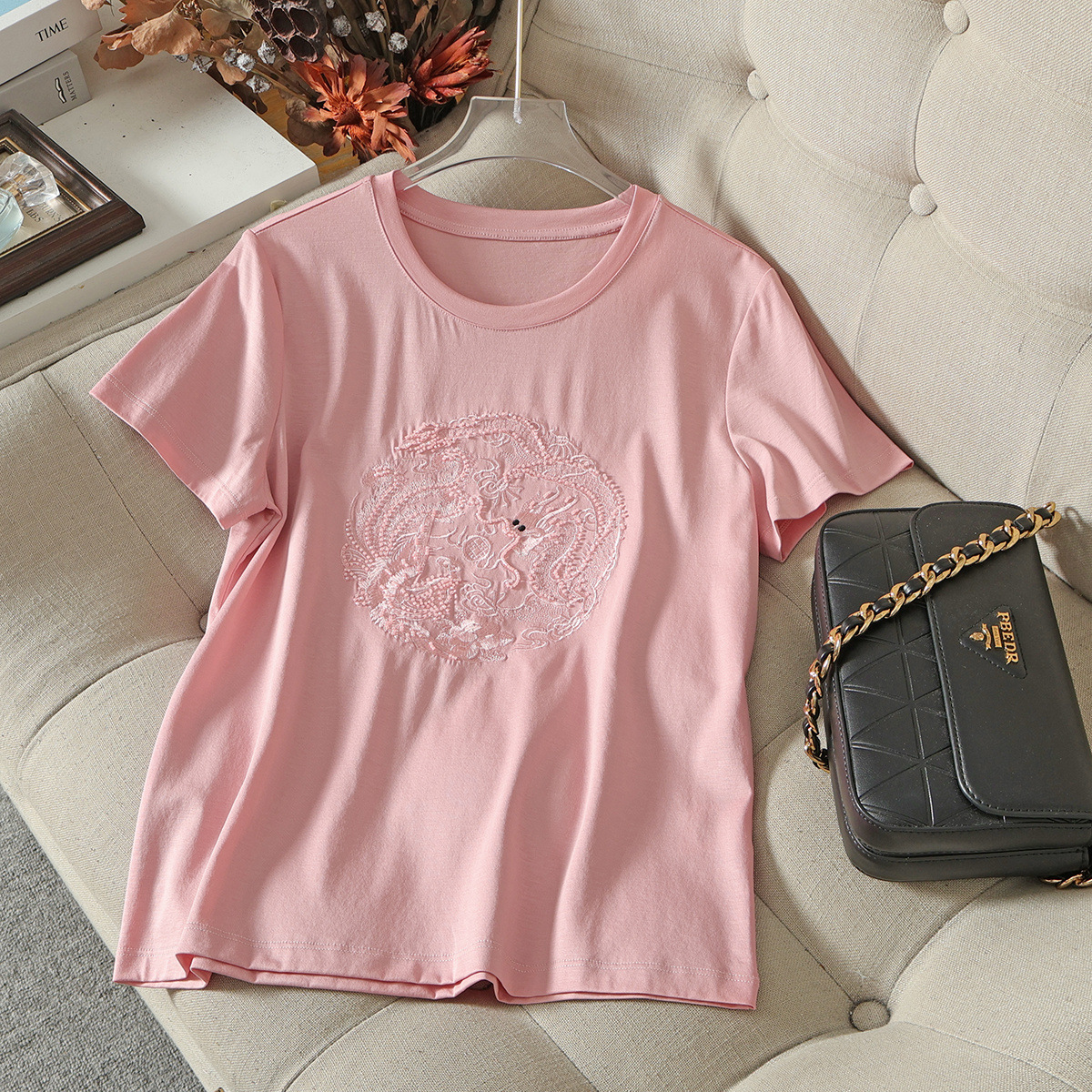 天丝棉重工刺绣t恤女夏 设计感钉珠龙图案小众新中式国风短袖上衣