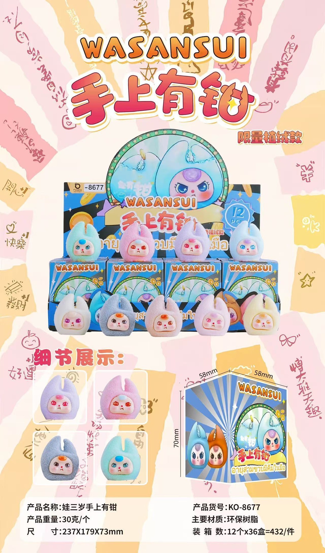 Caja ciega flocada de dibujos animados de tela rabu, lindo y lindo grano de alto valor, mini muñeca, modelo de decoración de escritorio, regalo