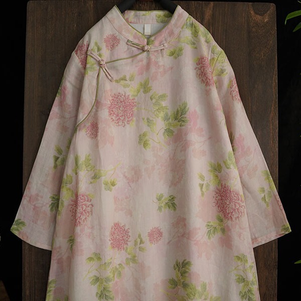 Spring and Summer New Style Ramie Printed Double-Layer Loose Dress with Retro Buttoned Improved Cheongsam Dress 178156