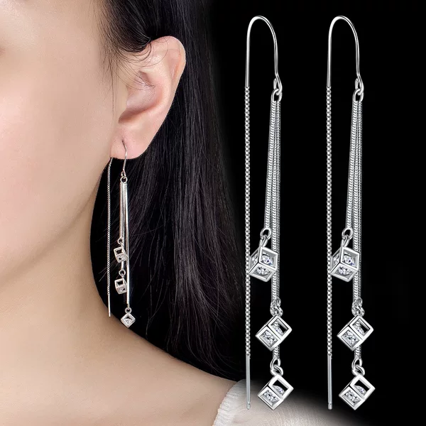 New Style Long Temperament Three Square Ear Line Love Rubik's Cube Tassel Ear Hook Women's Long Temperament All-match Ear Hook Earrings