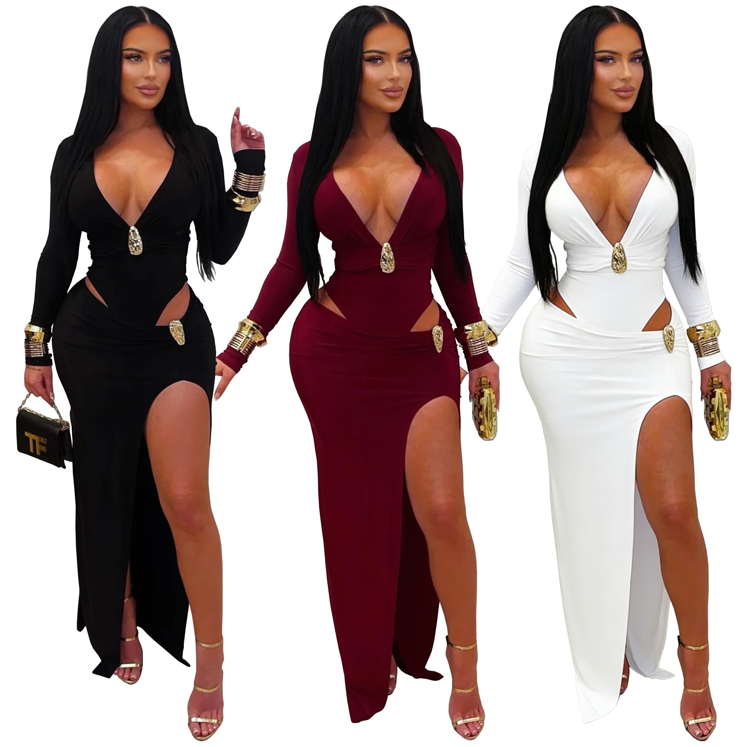 C7631 Aliexpress transfronterizo Amazon Europa y América moda de mujer sexy cuello v color sólido vestido de mangas largas de cadera image 6