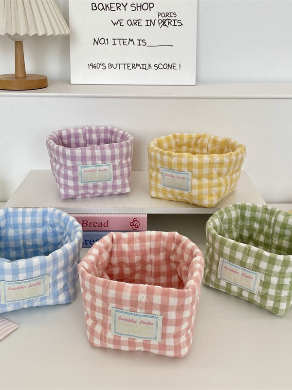 57202 Quilted Soft Plaid Storage Basket Desktop Sundries Skin Care Products Makeup Organizer Makeup Basket Storage Basket