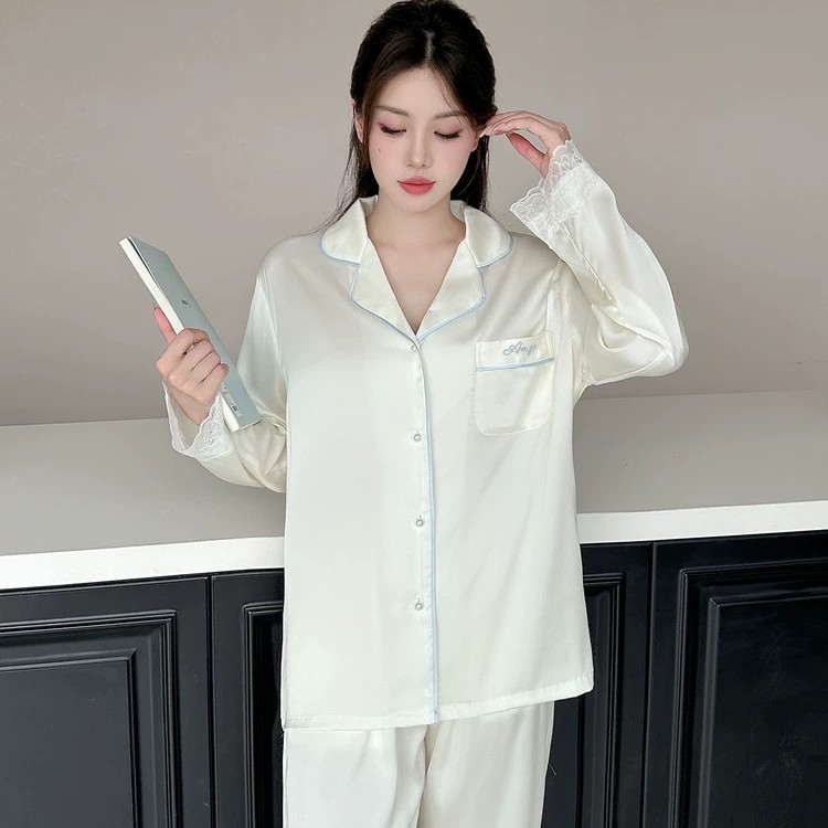 New Spring and Autumn Pajamas Women's Short-sleeved Pants Lace Simple High-end Ice Silk Two-piece Set Comfortable Home Clothes suit