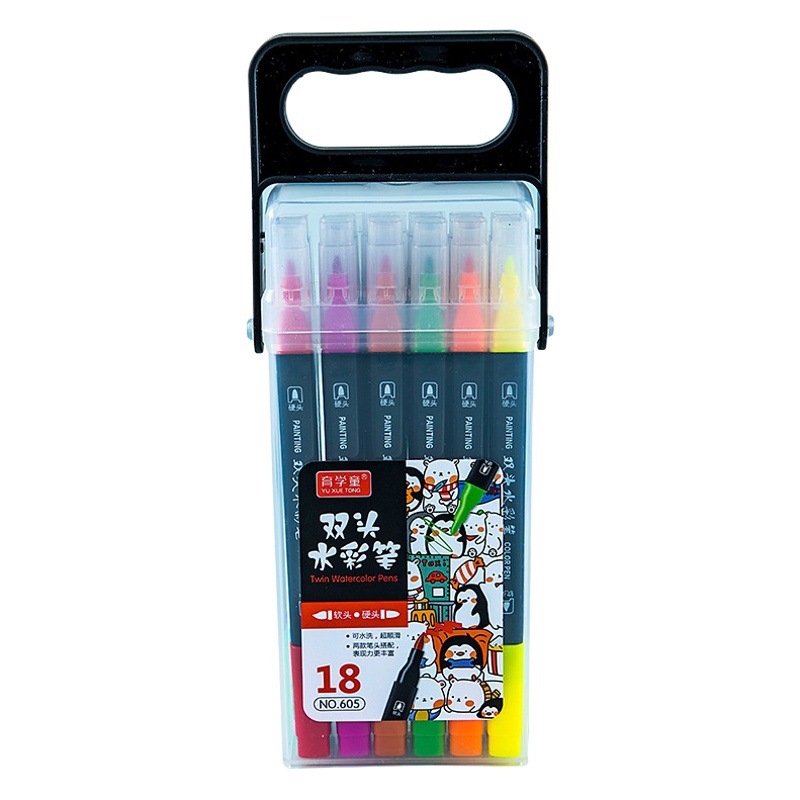 Mango de pluma de acuarela de doble cabeza pincel de pintura en caja cepillo de cabeza suave de fibra suministros de arte para niños pluma de acuarela lavable