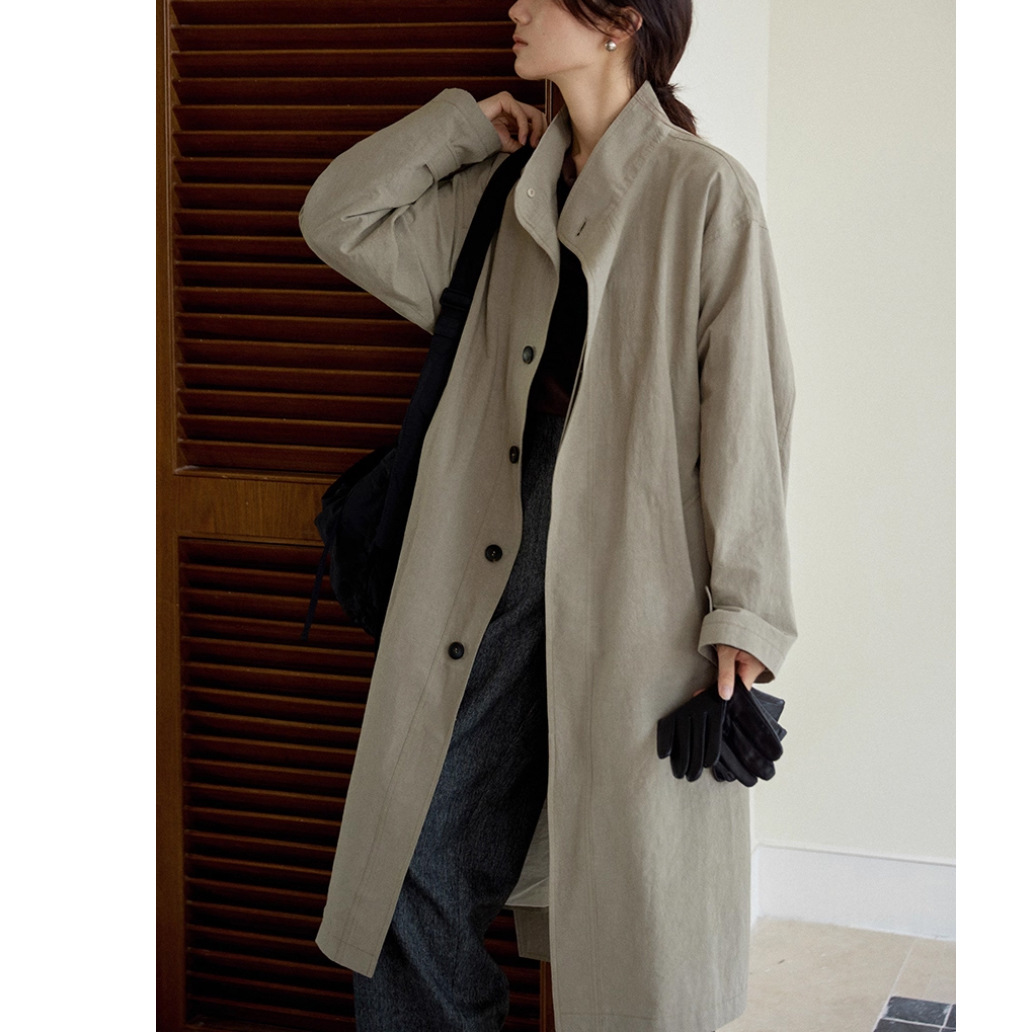 New Autumn and Winter Style Cotton Salt-Shrunk Stand-Up Collar Mid-Length Trench Coat with French Style and Casual Fit for Petite People