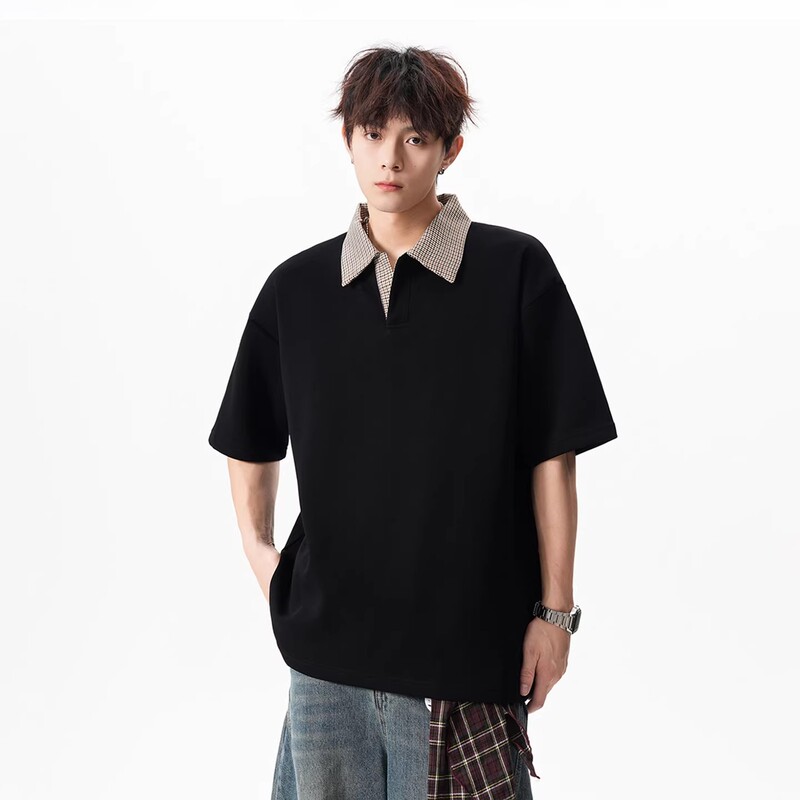 Houndstooth Patchwork Short-Sleeve Polo Shirt for Men, Stylish and High-End Feel, Air Layer Short-Sleeve, Regular Shoulder American-Style Turn-Down Collar T-Shirt Houndstooth Patchwork Short-Sleeve Polo Shirt for Men, Stylish and High-End Feel, Air Layer Short-Sleeve, Regular Shoulder American-Style Turn-Down Collar T-Shirt